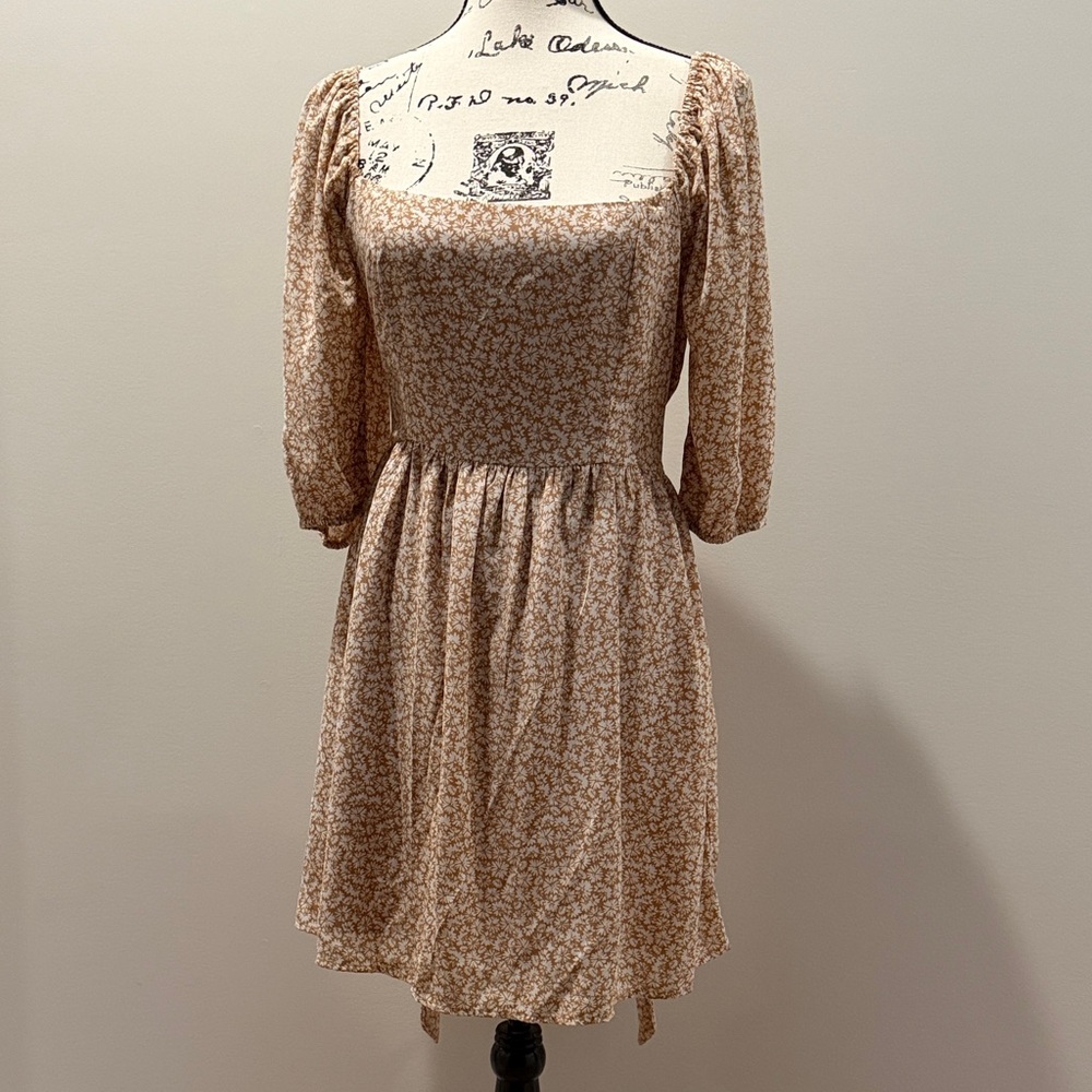 Forever 21 Tan Floral Long Sleeve Dress